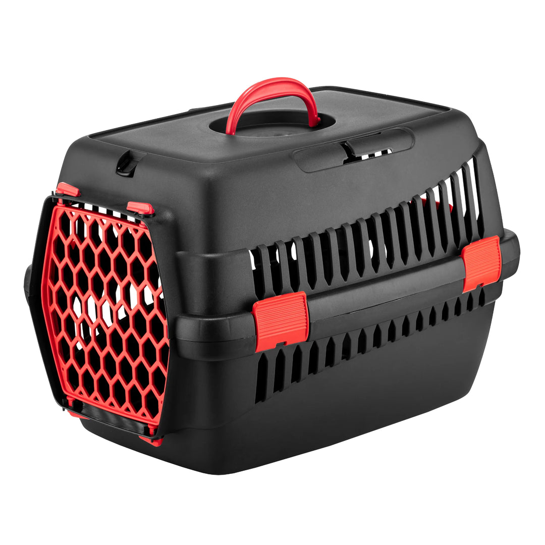 Cușcă transport deluxe 4DOG, neagra cu usa rosie, 49x35x32.5cm, siguranta și confort pentru animale de talie mica