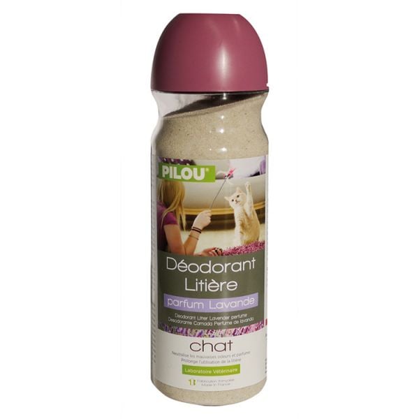 Deodorant pentru litieră cu lavandă PILOU 750g pentru neutralizarea mirosurilor neplăcute și prelungirea duratei de utilizare a așternutului