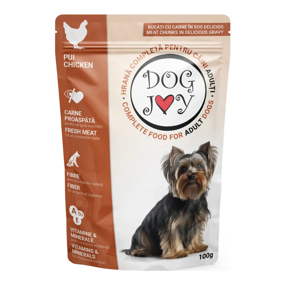 Hrană umedă cainii adulti, pui în sos DOG JOY 100g