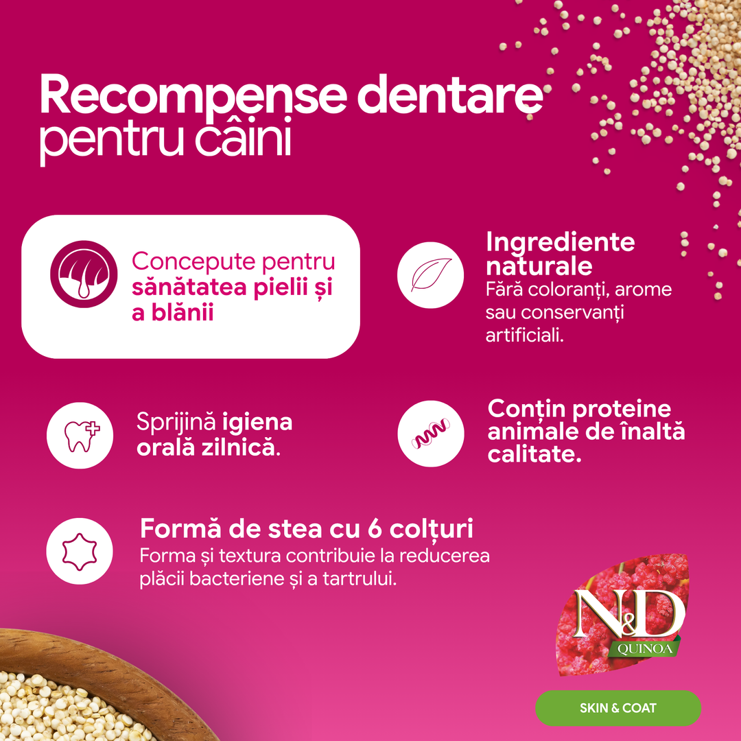 Recompense Dentare Caini Farmina N&amp;D Quinoa Skin &amp; Coat | Prepeliță, Mini, 60g