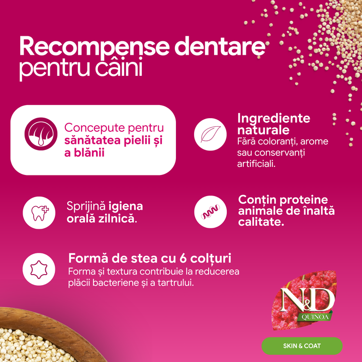 Recompense Dentare Caini Farmina N&amp;D Quinoa Skin &amp; Coat | Prepeliță, Mini, 60g