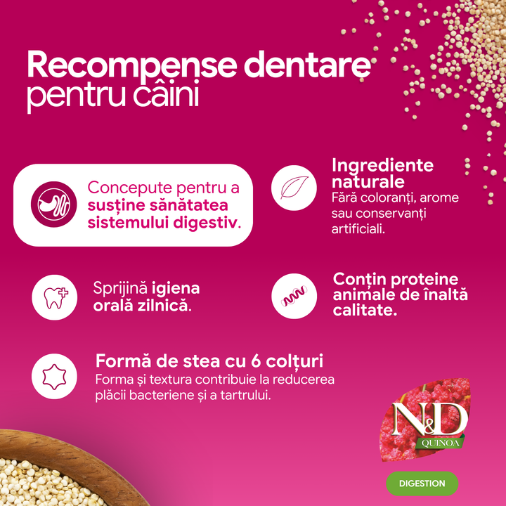 Recompense Dentare Caini Farmina N&amp;D Quinoa Digestion | Miel, Fenicul &amp; Mentă, Medium &amp; Maxi, 100g