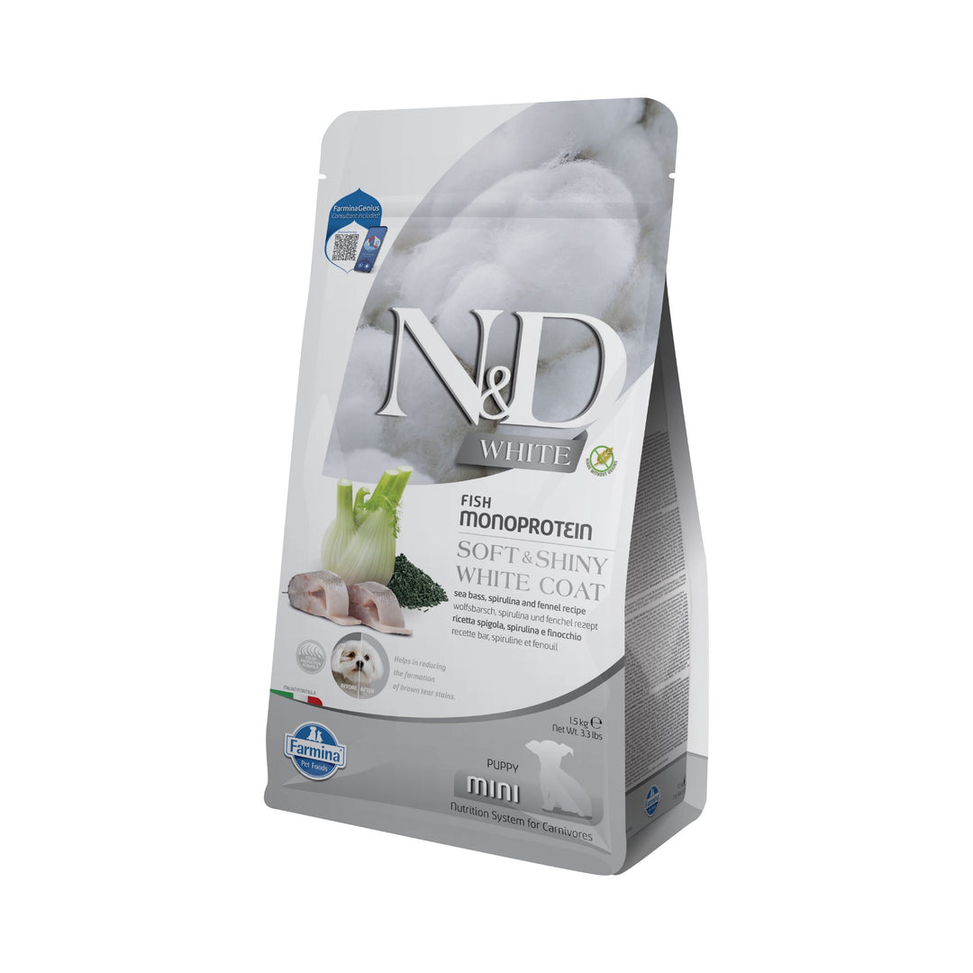 Hrană Uscată Câine Farmina N&D White Biban de mare, fenicul și spirulina Puppy Mini 1,5 kg