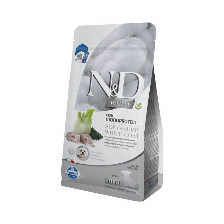 Hrană Uscată Câine Farmina N&amp;D White Biban de mare, fenicul și spirulina Puppy Mini 1,5 kg