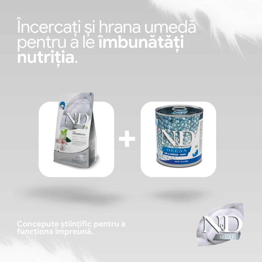 Hrană Uscată Câine Farmina N&amp;D White Biban de mare, fenicul și spirulina Puppy Mini 1,5 kg