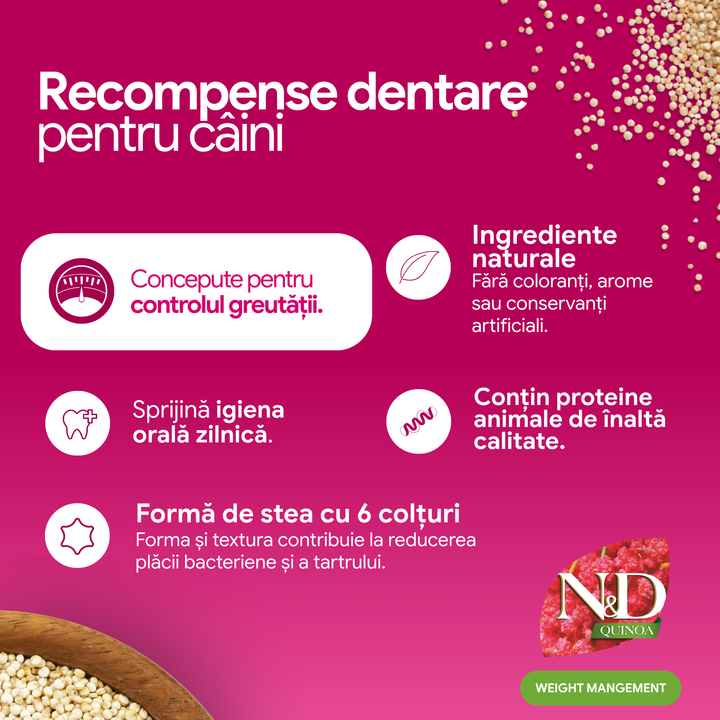 Recompense Dentare Caini Farmina N&amp;D Quinoa Weight Management | Miel &amp; Spirulină, Mini, 60g