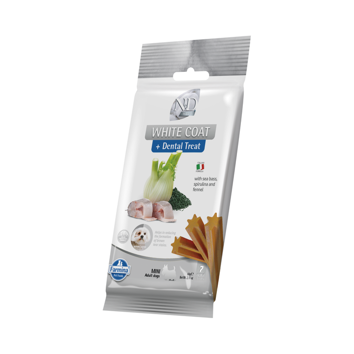 Recompense Dentare Caini Farmina N&amp;D White | Biban de Mare, Spirulină &amp; Fenicul, Mini, 60g