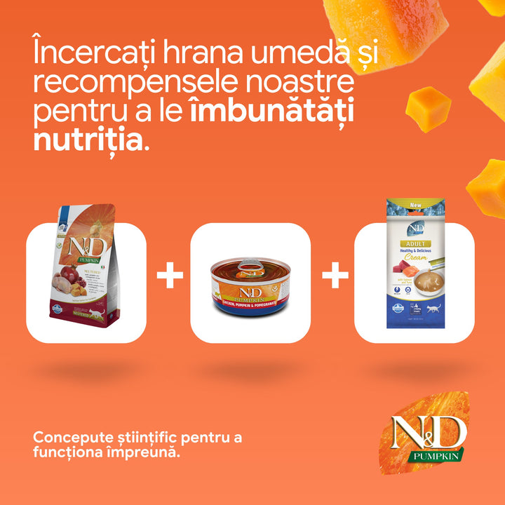 Hrană Uscată Pisică Farmina N&amp;D Pumpkin Prepeliță, dovleac &amp; rodie Neutered 1,5 kg