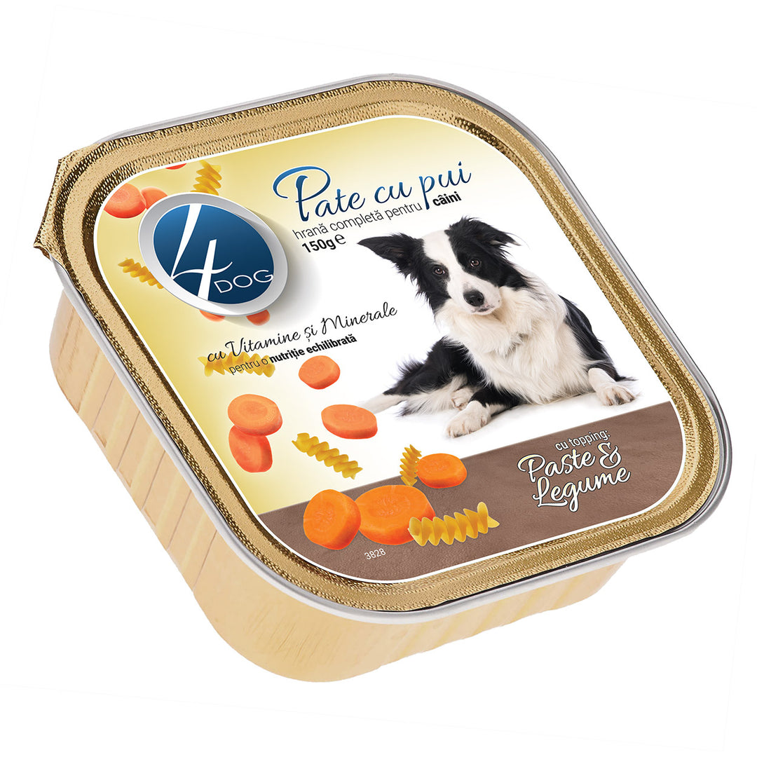 Pate pentru câini 4DOG | Pui cu topping de legume, 150g