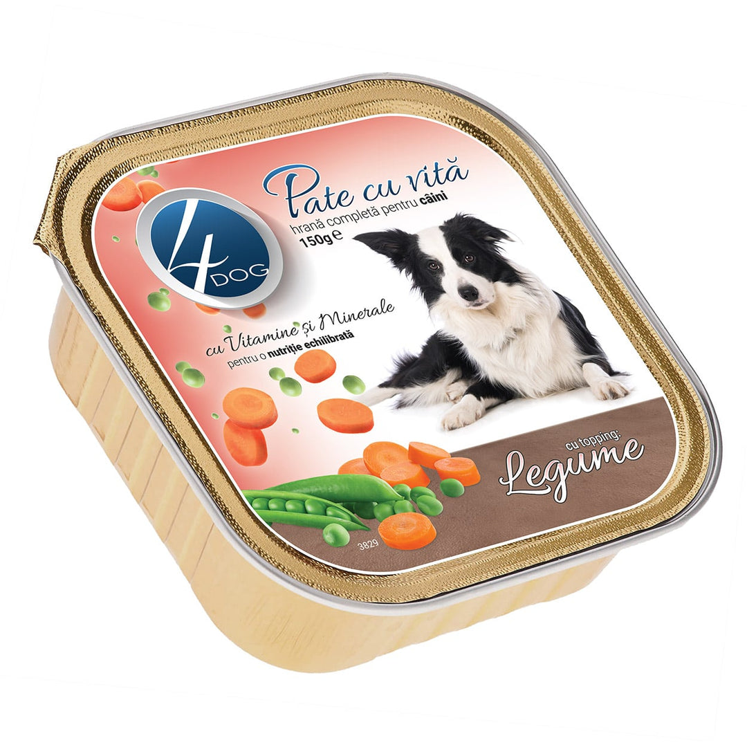 Pate pentru câini 4DOG | Vită cu topping de legume, 150g