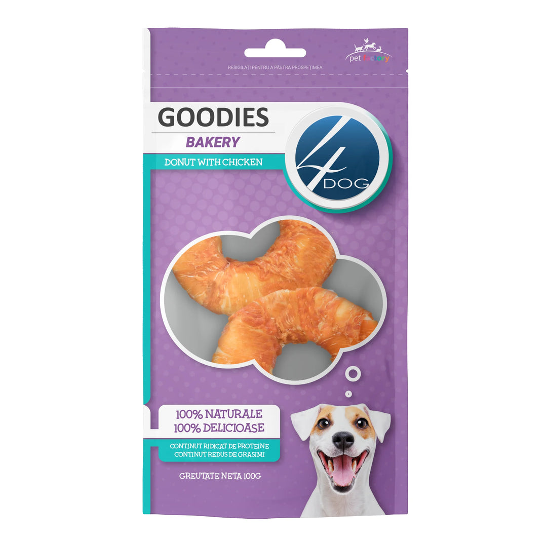 Recompense hrană complementara cainii, 4DOG GOODIES, piele presata și pui, gogoasa, 100g