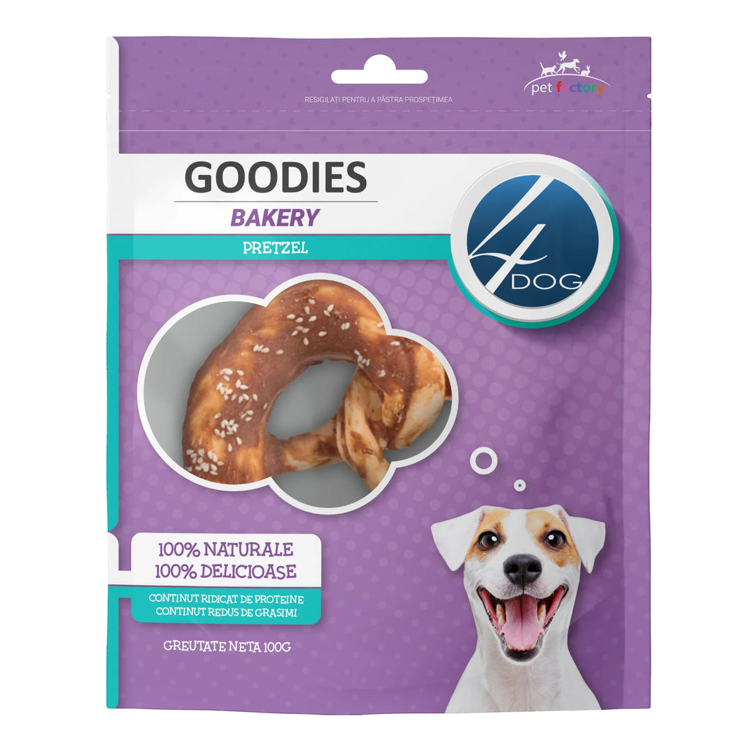 Recompense pentru câini covrig din piele presata și pui, 4DOG GOODIES bakery, 100g