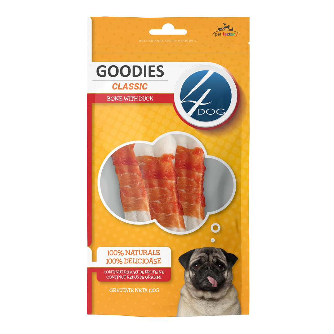 Recompense pentru câini adulți din piele presată și rață, 4DOG GOODIES classic, os, 120g