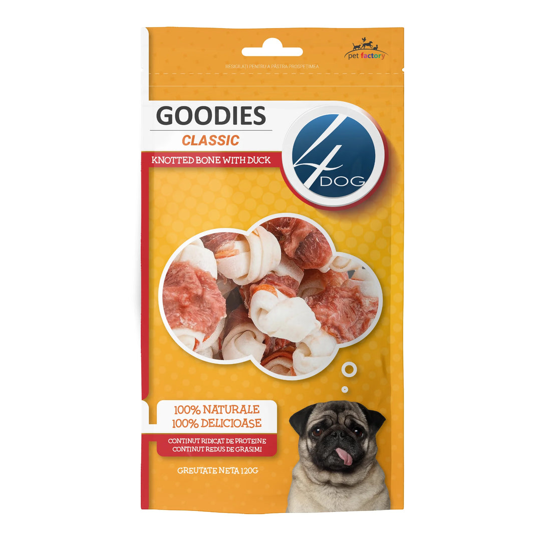 Recompense câine adult, 4DOG GOODIES, os înnodat piele presată cu rață, 120g
