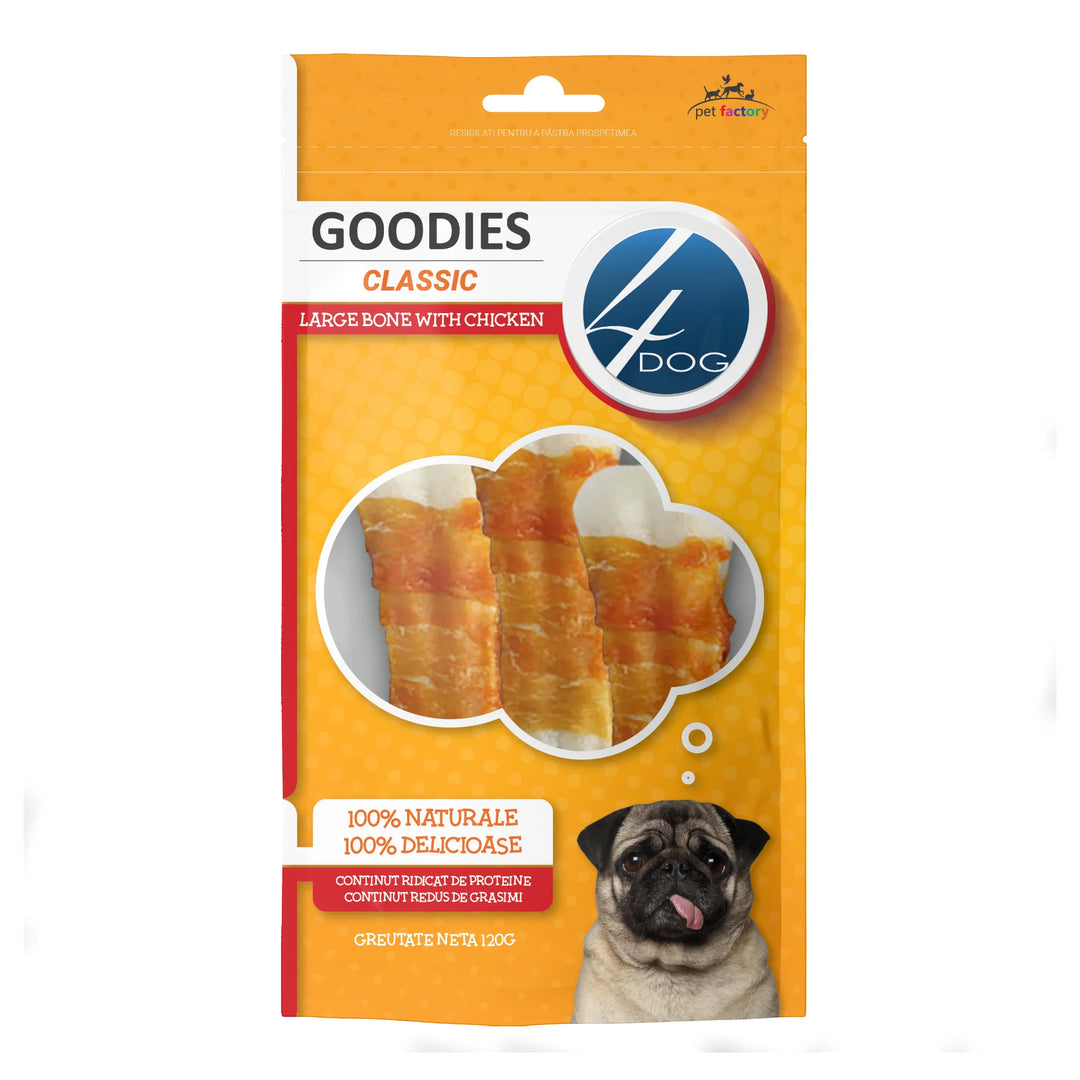 Recompensa câine adult, 4DOG GOODIES classic, os mare piele presata și pui, 120g