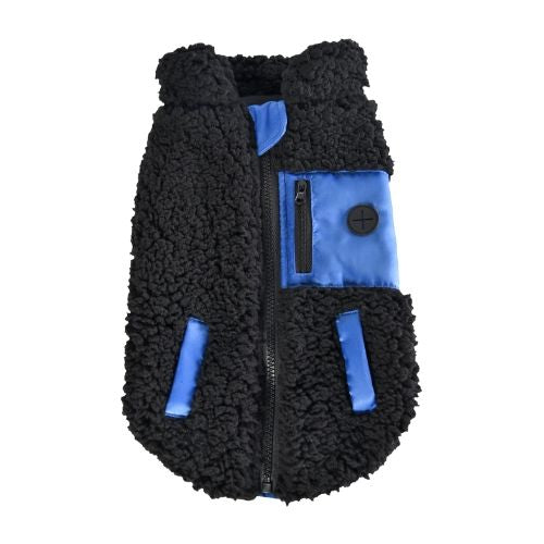 Haina de iarna pentru câine fluffy, 4DOG DELUXE, negru și albastru, 30 cm, design modern și protecție optima