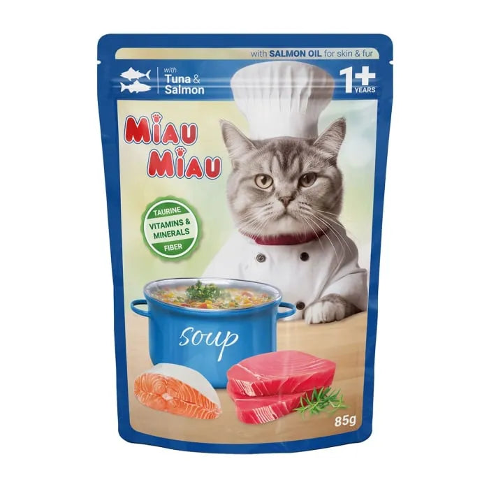 Hrană Umedă Pisici MIAU-MIAU | Supă Ton și Somon, Plic 85g