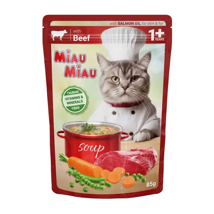 Hrană Umedă Pisici MIAU-MIAU | Vită și Legume, Supă, 85g