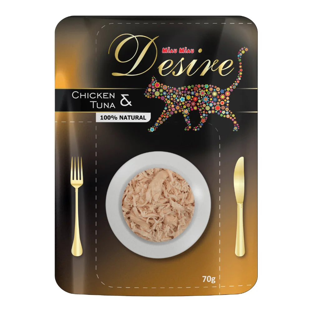 Hrană umedă superpremium pisici adulte desire, file pui și ton în supă, 70g