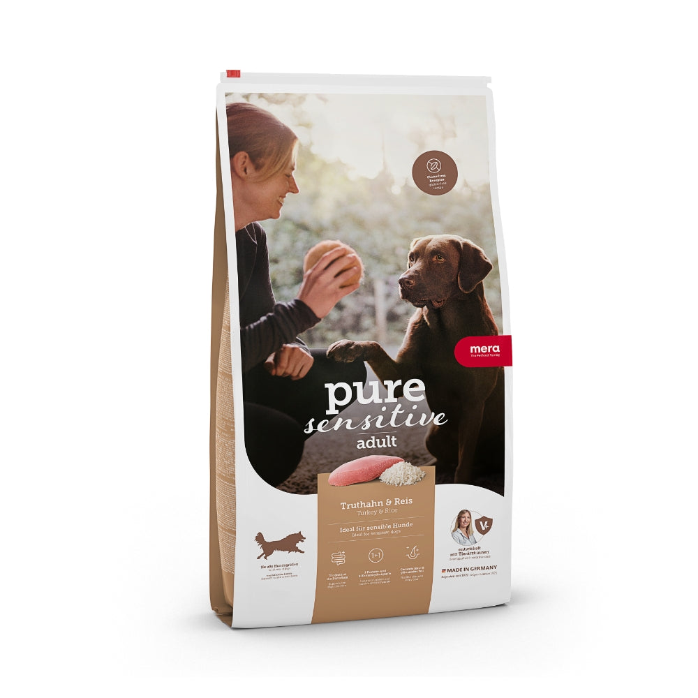 Hrană uscată câini sensibili MERA PURE sensitive medium maxi curcan și orez, 12.5kg