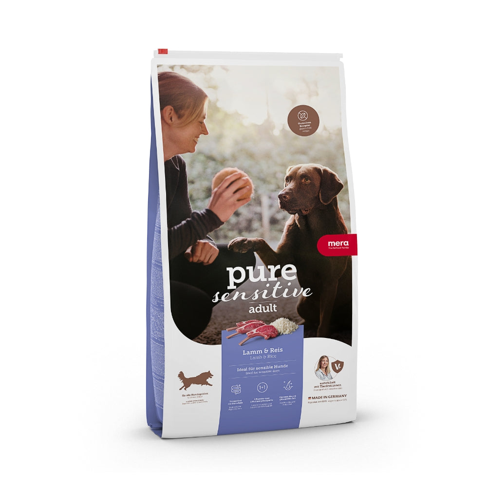 Hrană uscată super premium fără gluten pentru câini sensibili, MERA PURE sensitive medium maxi adult, miel și orez 12,5kg