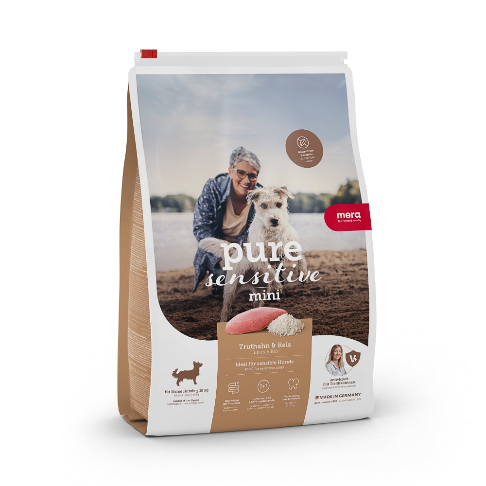 Hrană uscată super premium fără gluten câini sensibili adult mici - MERA PURE sensitive, curcan și orez 4kg