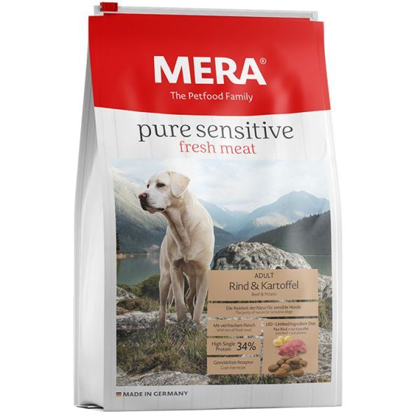 Hrană uscată câini sensibili adulti, MERA PURE, vita proaspata și cartofi, 4kg, formula fără cereale, cu continut ridicat de proteine și energie