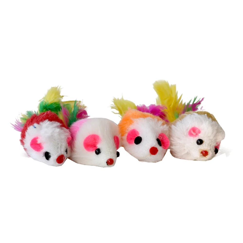 Set jucării interactive pentru pisici cu pene MIAU MIAU, 4 soricei atractivi