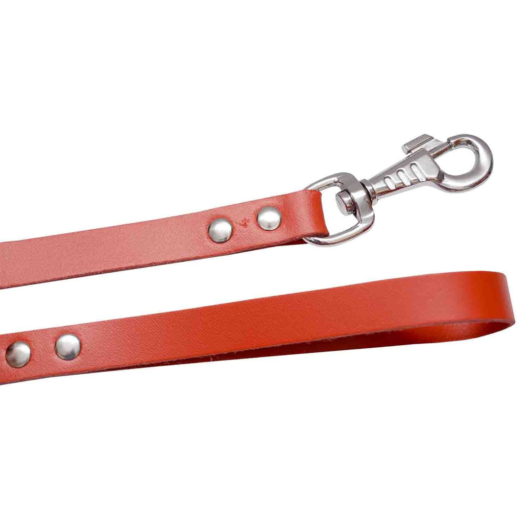 Lesă elegantă din piele rosie pentru câini 4DOG, nr. 4, 1.8x110 cm, cu accesorii metalice de inalta calitate, pentru talie mica și medie