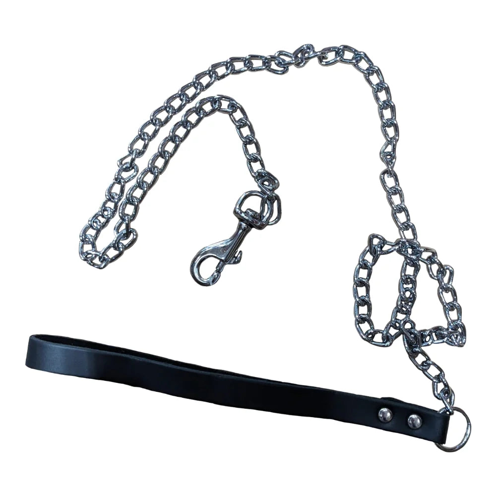 Lesă pentru câine din metal și piele neagra, 4DOG, nr. 3, 3.0 mm, 90 cm, ideală pentru cainii de talie medie, robustete și durabilitate pentru plimbari sigure