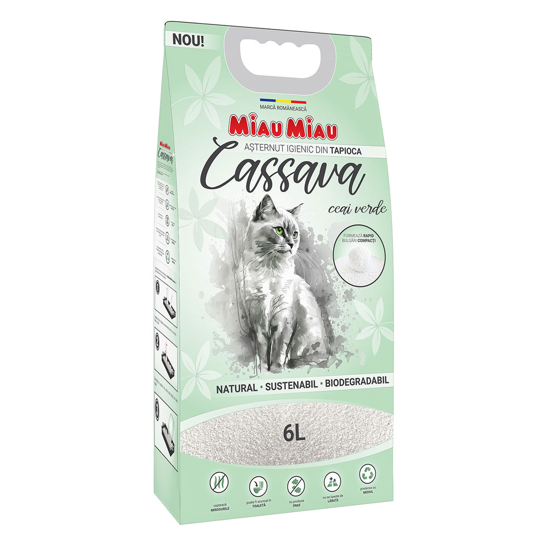 Așternut igienic pisică din tapioca, MIAU MIAU, ceai verde, 6l