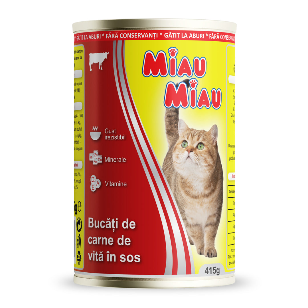 Hrană umedă completă pentru pisici adulte cu vita, MIAU MIAU, 415g