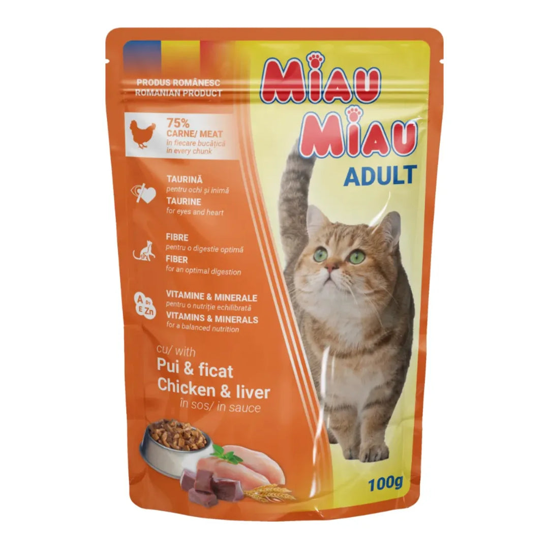 Hrană umedă pentru pisici adulte cu pui și ficat MIAU MIAU, 100g