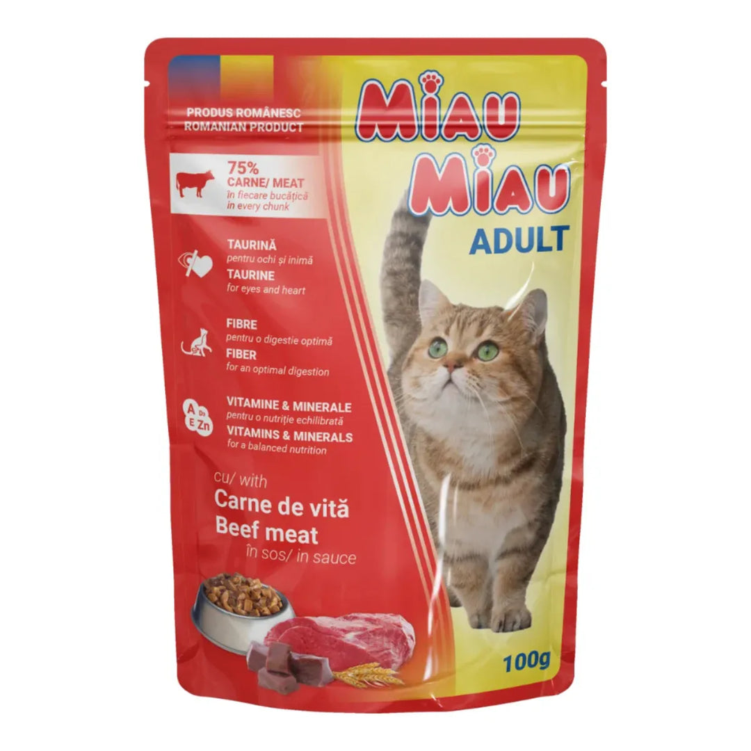 Hrană umedă completă pisici adulte, vita în sos – MIAU MIAU, 100g