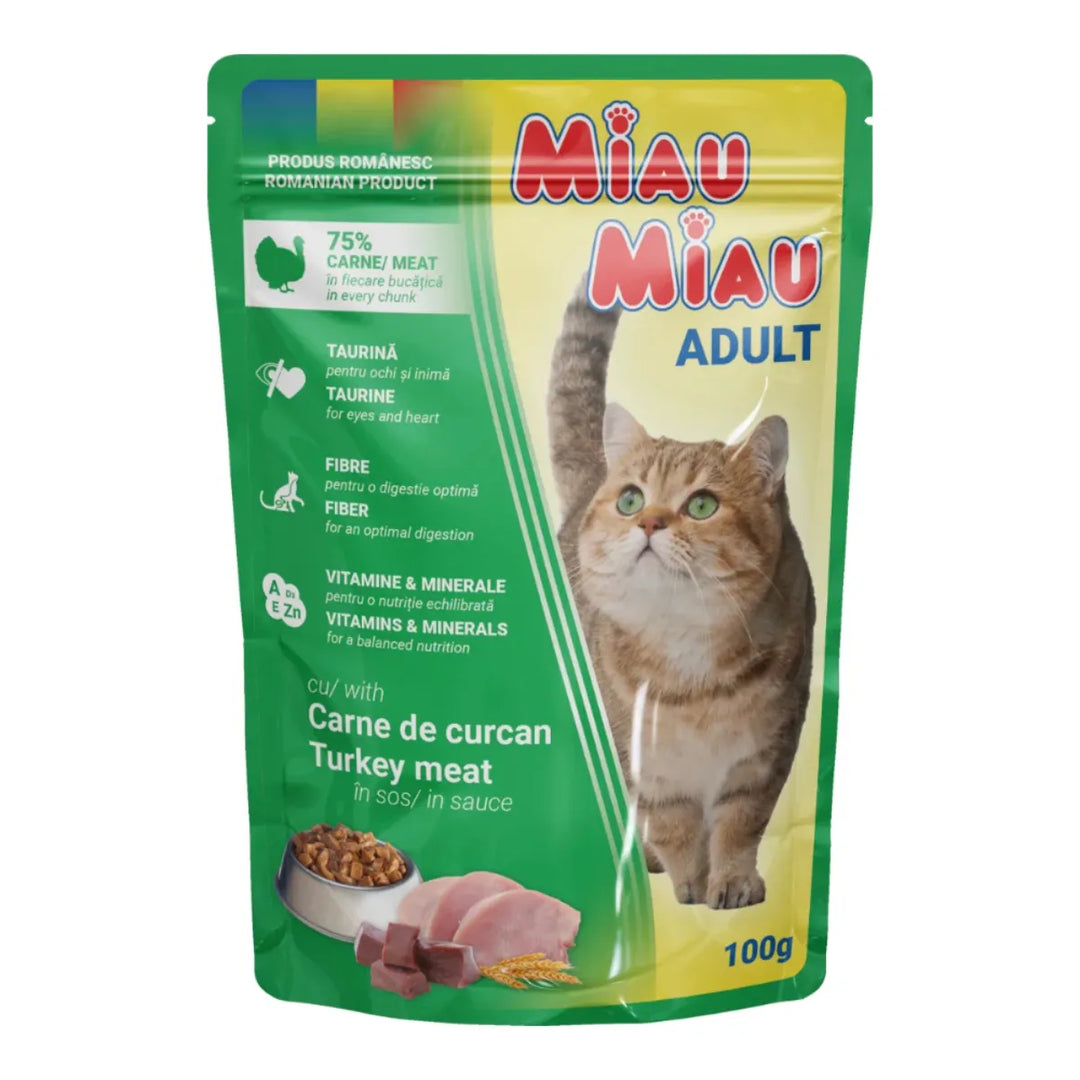 Hrană umedă pisici adulti cu curcan în sos MIAU MIAU, 100g