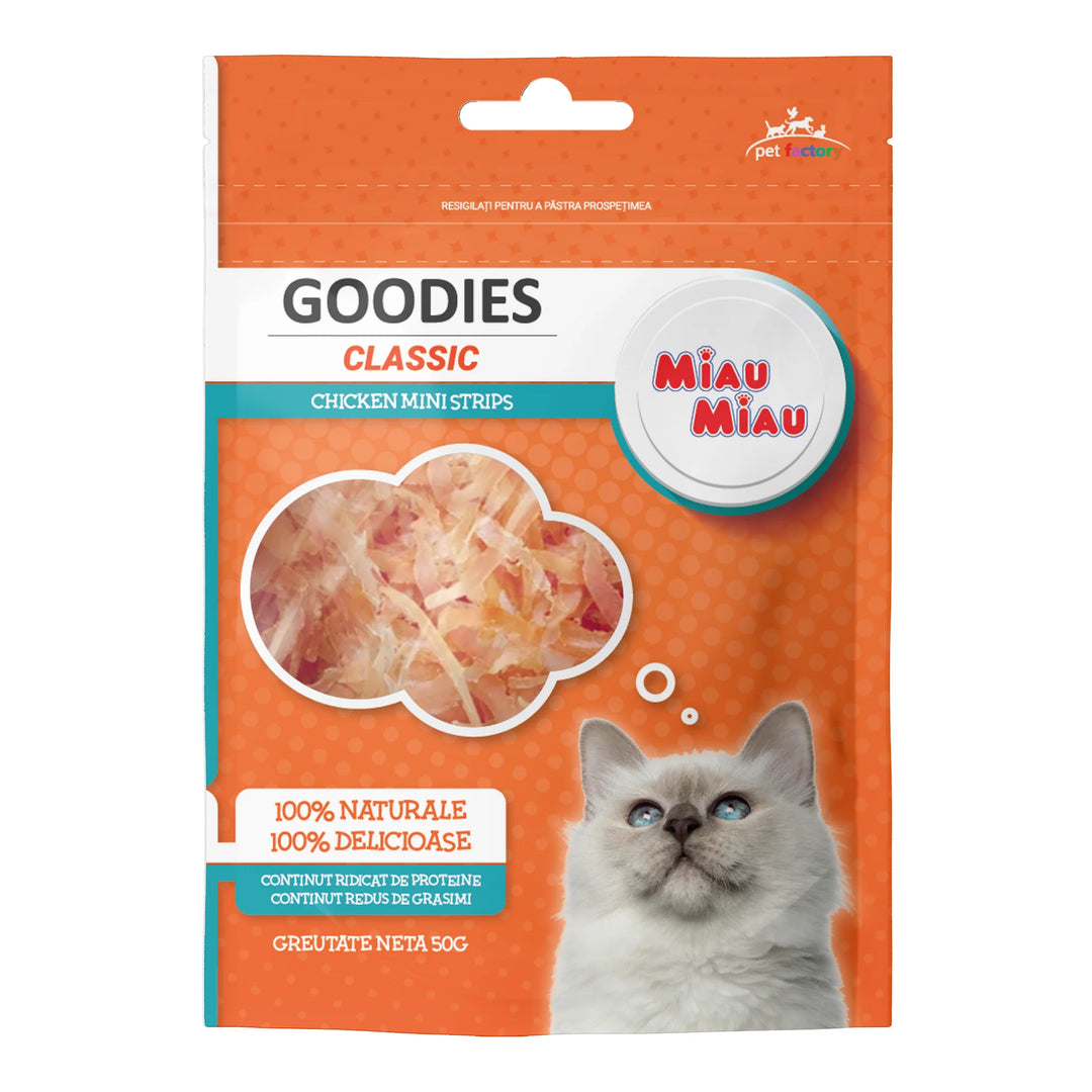 Recompense pisici adulte, mini strips pui, MIAU MIAU GOODIES classic, 50g