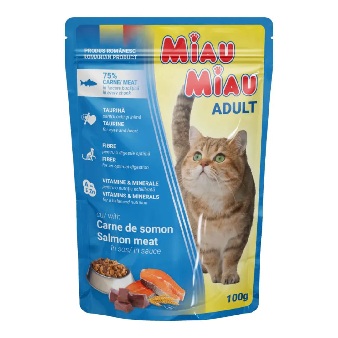 Hrană umedă pentru pisici adulte cu somon în sos - MIAU MIAU, 100g