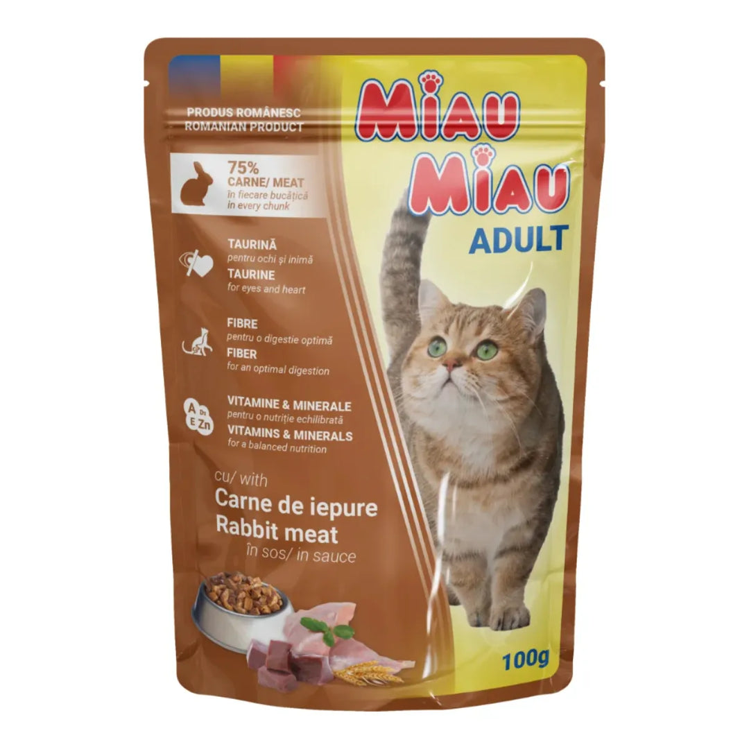 Hrană umedă completă adulti, MIAU MIAU - iepure în sos, 100g