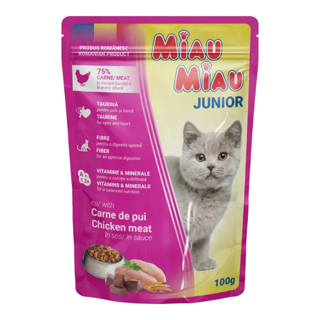 Hrană umedă premium pentru pisici junior, MIAU MIAU pui în sos, 100g