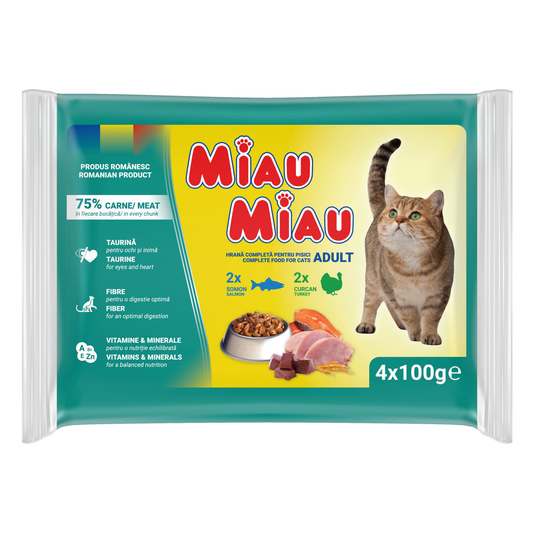 Hrană umedă premium pisici adulte curcan & somon, MIAU MIAU mixt, 4x100g
