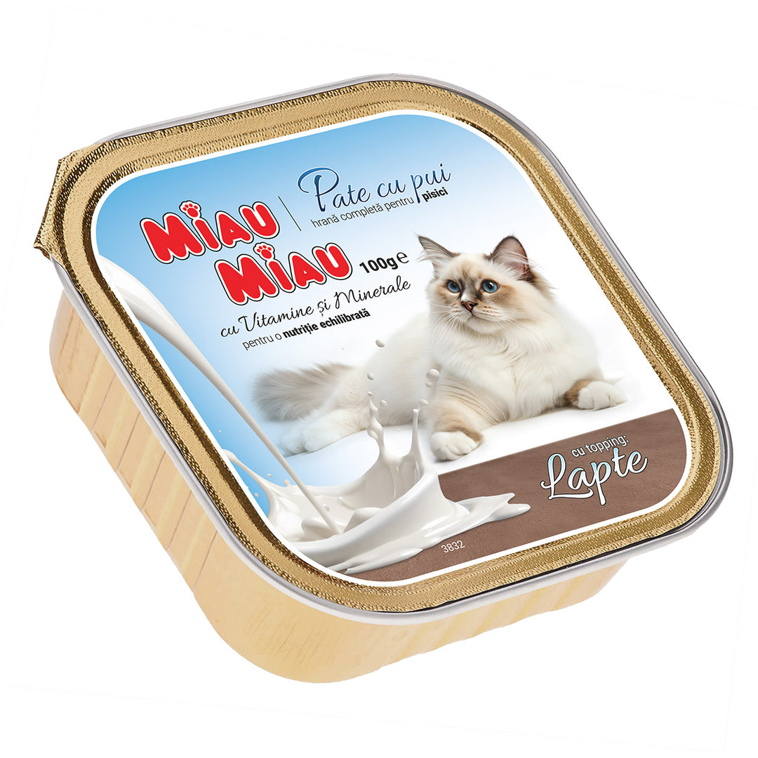 Hrană Umedă Pisici MIAU MIAU | Pate cu Pui, Topping Lapte, 100g