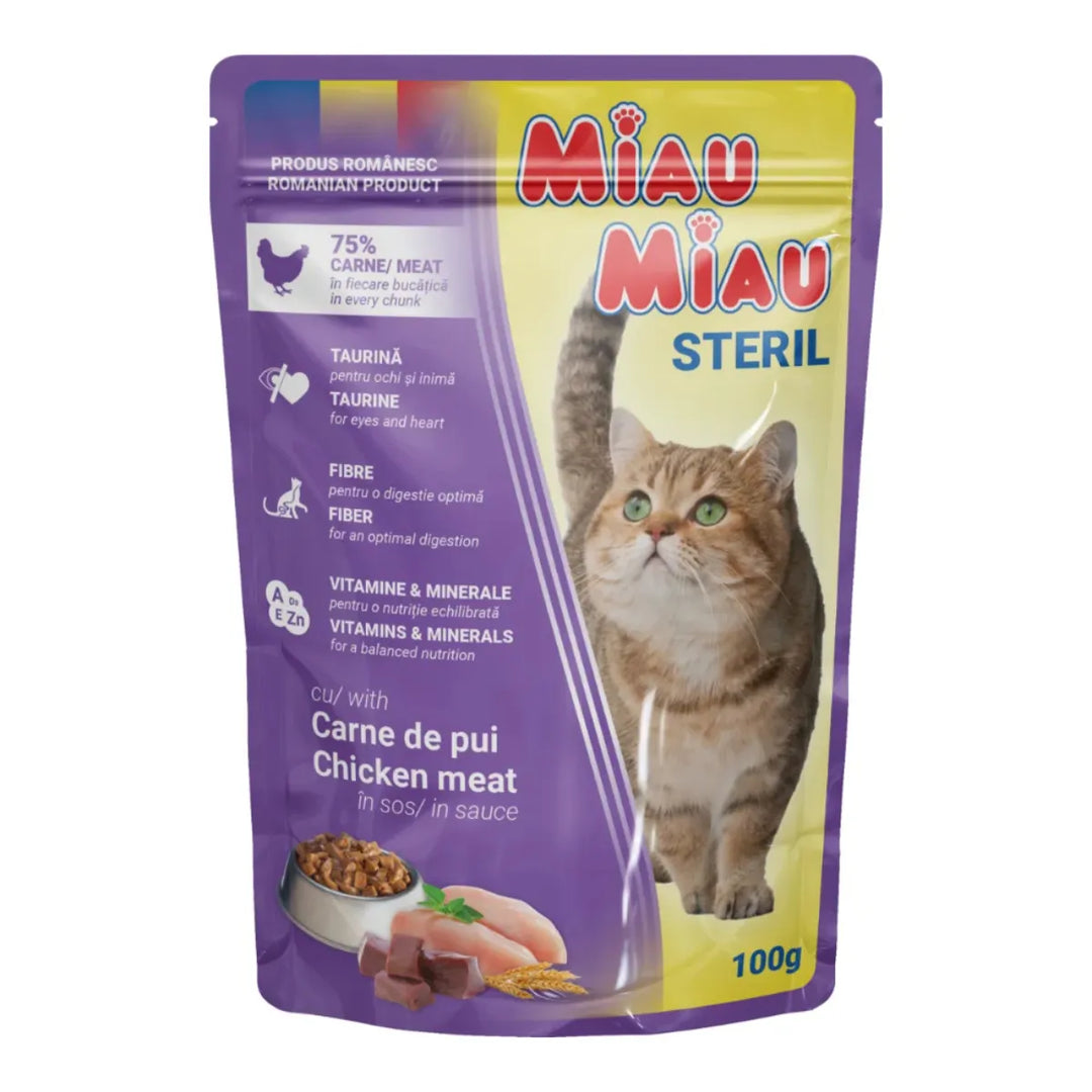 Hrană umedă pentru pisici sterilizate - MIAU MIAU, pui în sos, 100g