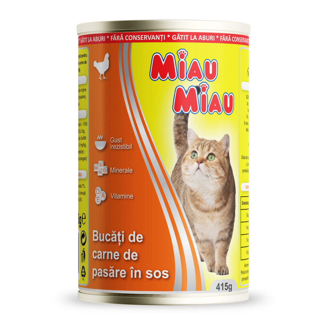 Hrană umedă premium pentru pisici adulte cu pui 415g, MIAU MIAU