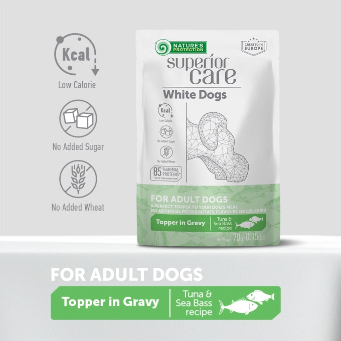 Superior Care White Dogs Topper Caini Adulti cu Ton si Biban in Sos 70g