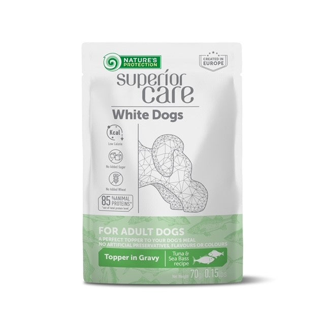 Superior Care White Dogs Topper Caini Adulti cu Ton si Biban in Sos 70g