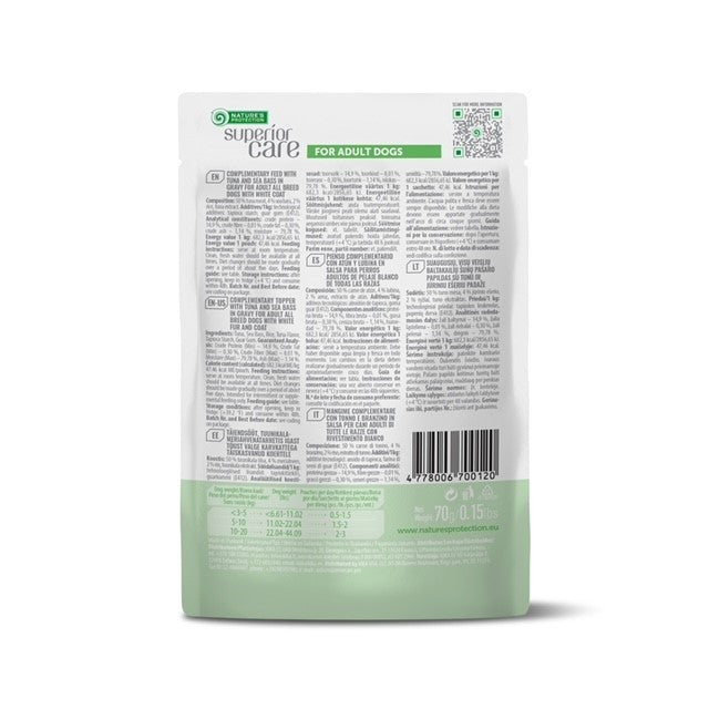 Superior Care White Dogs Topper Caini Adulti cu Ton si Biban in Sos 70g