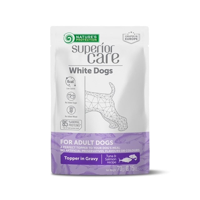 Superior Care White Dogs Topper Pentru Caini Adulti cu Ton si Somon in Sos 70g
