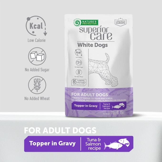 Superior Care White Dogs Topper Pentru Caini Adulti cu Ton si Somon in Sos 70g