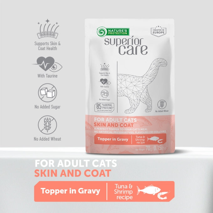 Superior Care Topper Adult Cat pentru Piele si Blana cu Ton si Creveti 70g