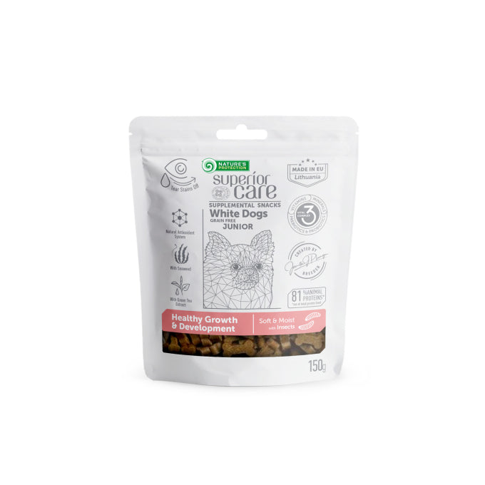 Superior Care White Dogs Snacks GF Crestere si Dezvoltare Sanatoasa pentru Juniori cu Insecteru Sustinerea Cresterii si Dezvoltarii Sanatoase cu Insecte pentru Junior Blana Alba 150 g